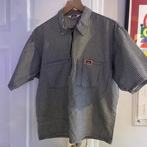 Ben Davis hickory Stripe Short Sleeve Shirt.  Quarter zip - CROPPED. Made in USA